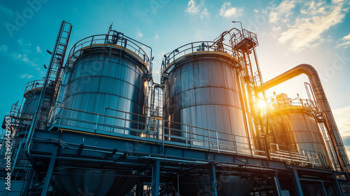 A modern industrial facility with large metal storage tanks and intricate piping systems, illuminated by the warm glow of sunset.