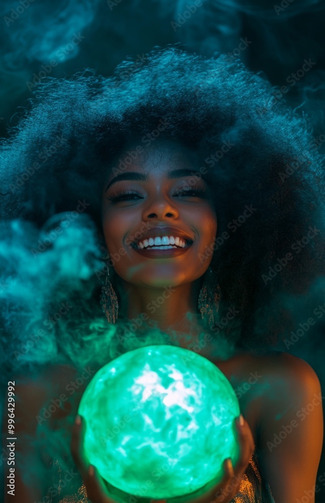 Naklejka premium Beautiful Black woman in a witch costume holding a glowing green pumpkin, surrounded by mist