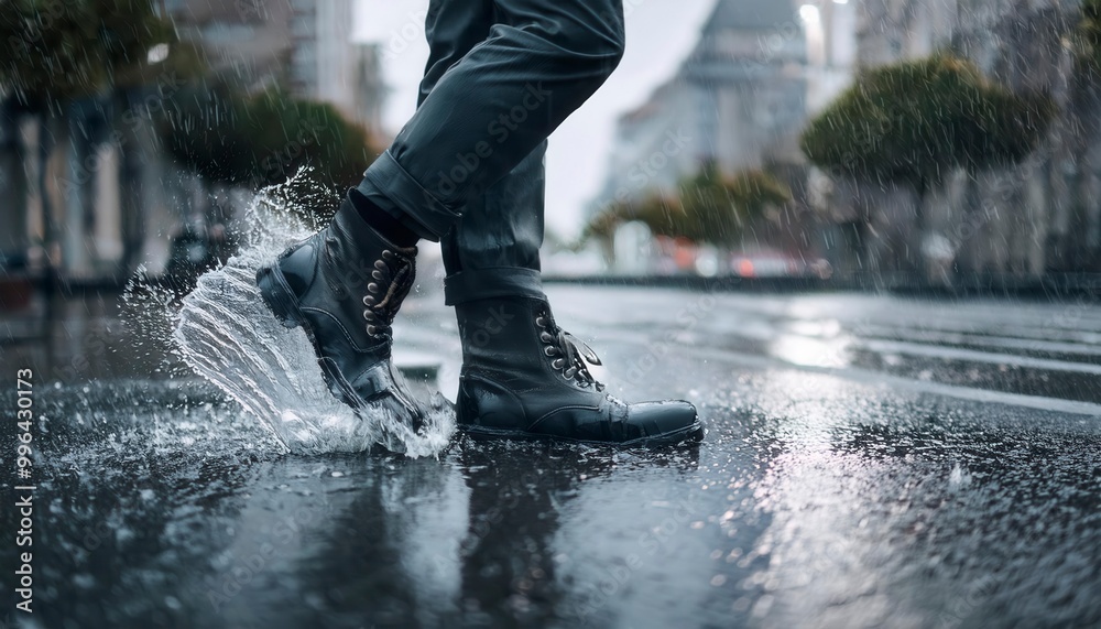Rain, walking boots and water splash in city street. Generated image