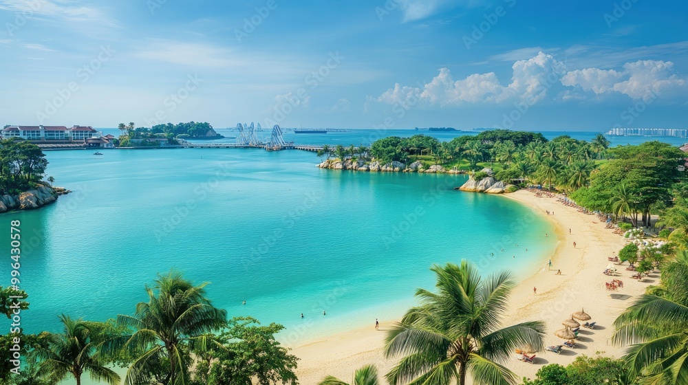 A view of Sentosa Islands beaches, with turquoise waters and palm trees creating a tropical paradise vibe. A view of Sentosa Islands beaches, with turquoise waters and palm trees creating a tropical paradise vibe.