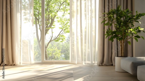 Curtains Gently Swaying with Breeze Near Open Window,Symbolizing Natural Air Flow and Freshness