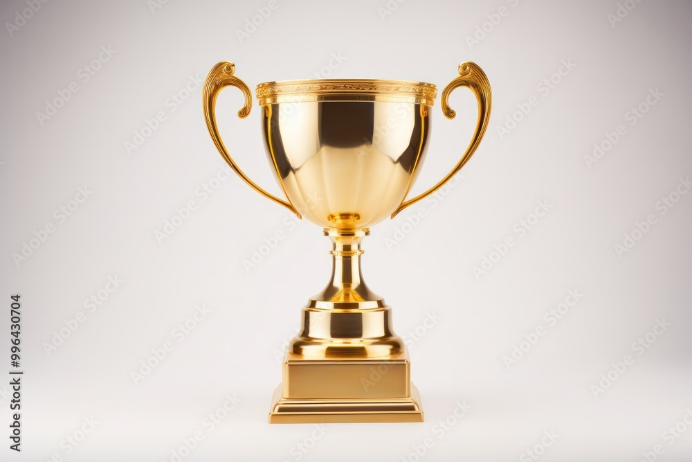 A gleaming gold trophy, symbolizing victory and achievement, standing tall against a stark white backdrop. A gleaming gold trophy, symbolizing victory and achievement, standing tall against a stark white backdrop.