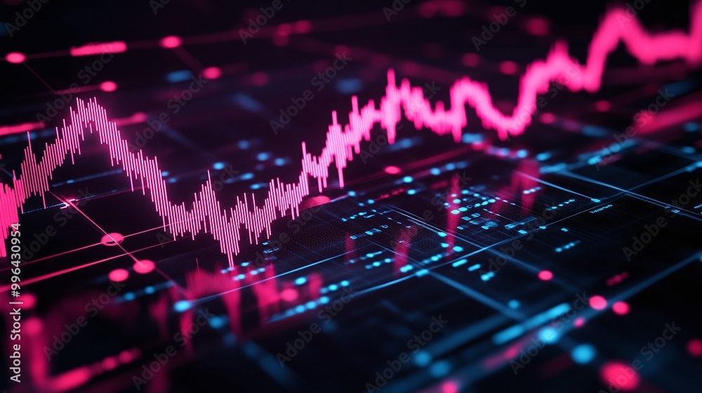 Fototapeta premium Futuristic data visualization with vibrant pink and blue lines representing financial trends and analysis on a digital interface.