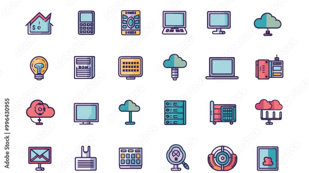 A collection of colorful icons on a clean white background, ideal for use in presentations, infographics, and design projects A collection of colorful icons on a clean white background, ideal for use in presentations, infographics, and design projects