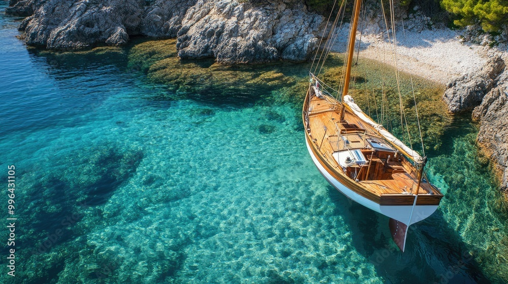 Fototapeta premium A vintage wooden sailboat anchored in a quiet bay, with crystal clear waters below revealing the sea floor.