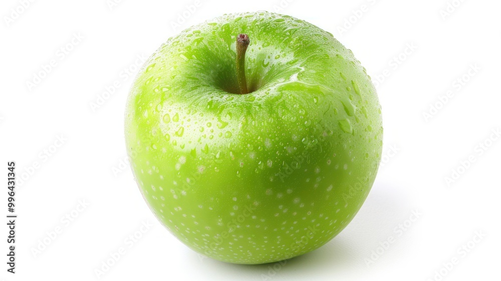 A Granny Smith apple with a bright green skin and a slightly tart flavor A Granny Smith apple with a bright green skin and a slightly tart flavor