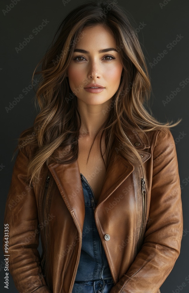 A beautiful woman in a brown leather coat posing full-body against a dark gray background A beautiful woman in a brown leather coat posing full-body against a dark gray background