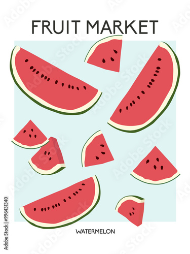 Retro abstract fruit market watermelons poster. Trendy wall art design with tropical summer watermelon slices. Vector illustration.