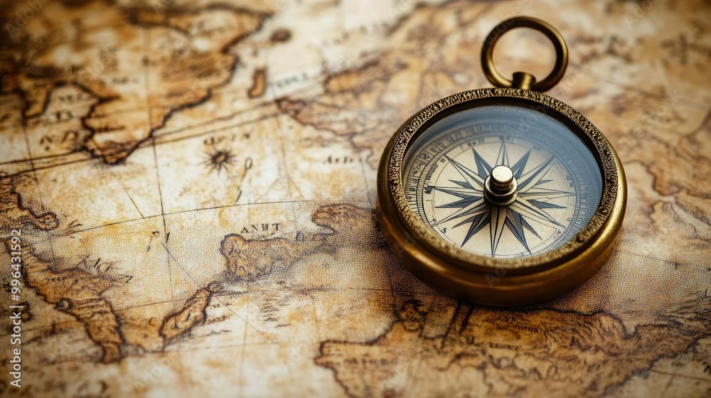 An antique compass placed on a faded old map, evoking a sense of adventure and historical discovery An antique compass placed on a faded old map, evoking a sense of adventure and historical discovery