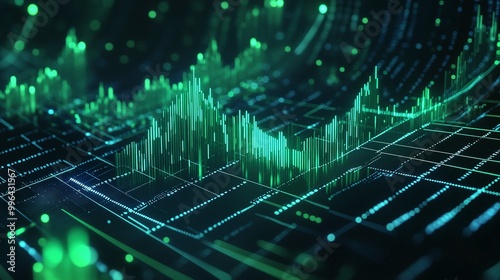 Futuristic digital background with green data visualization patterns and glowing lines.