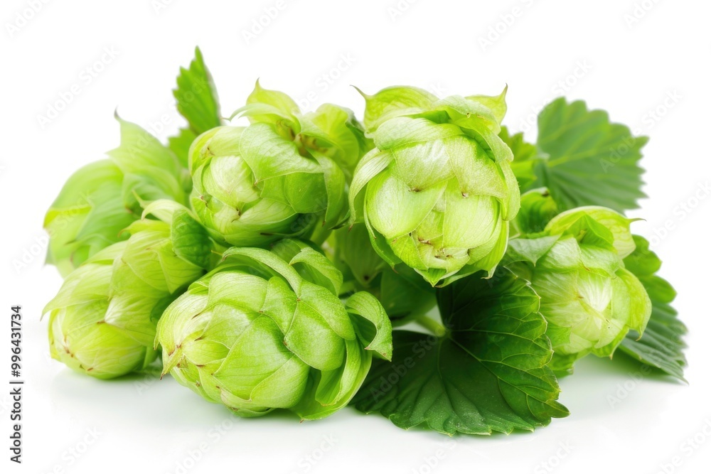 A collection of fresh green hops on a clean white background, ideal for use in food and beverage related contexts A collection of fresh green hops on a clean white background, ideal for use in food and beverage related contexts