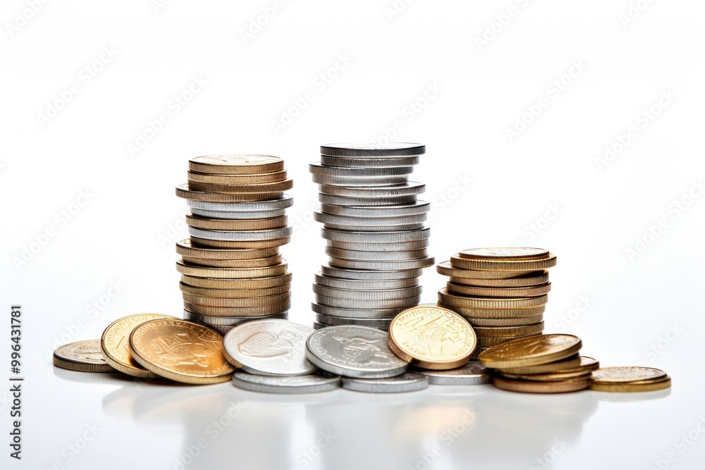 A heap of gleaming gold and silver coins of various sizes, stacked haphazardly A heap of gleaming gold and silver coins of various sizes, stacked haphazardly