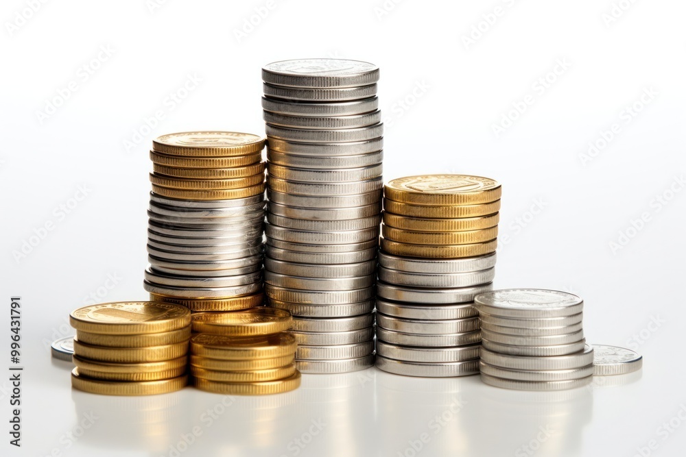 A heap of gleaming gold and silver coins of various sizes, stacked haphazardly A heap of gleaming gold and silver coins of various sizes, stacked haphazardly