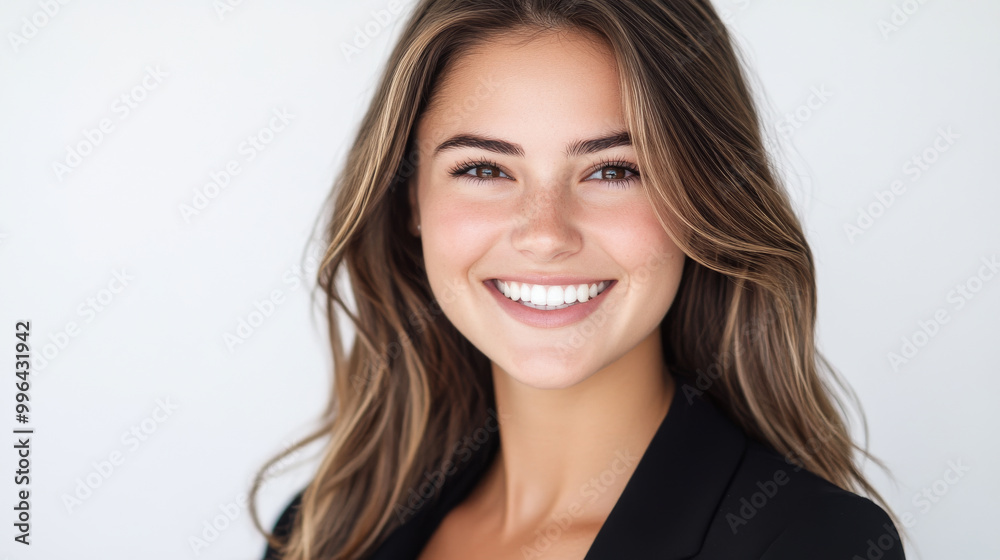 A clean, sharp headshot of a young professional on a plain white background, with the focus on her eyes and smile A clean, sharp headshot of a young professional on a plain white background, with the focus on her eyes and smile