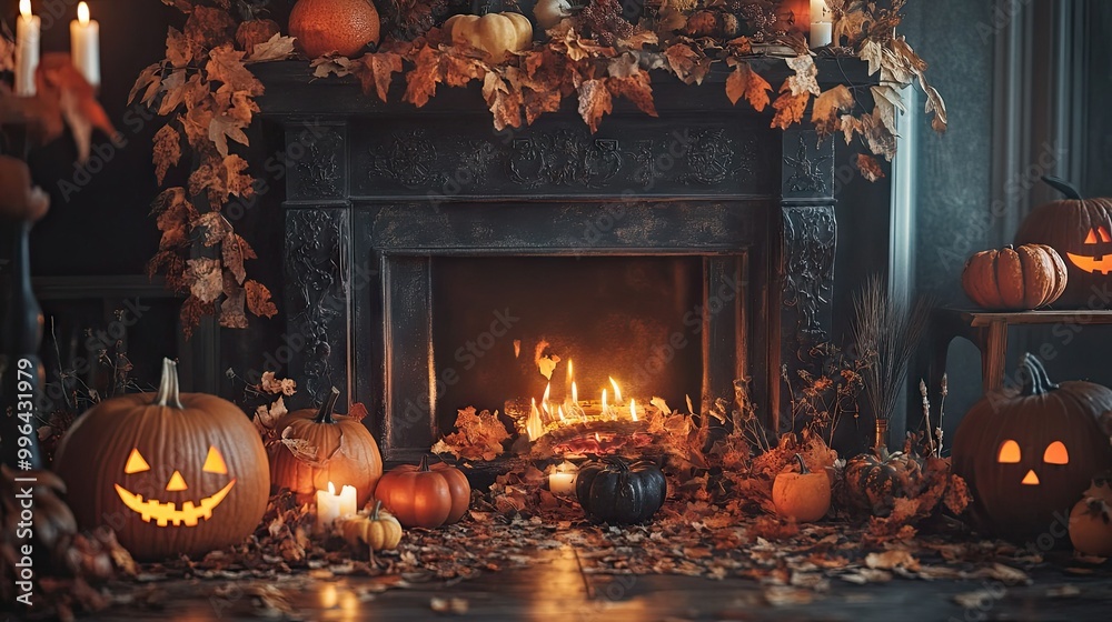 An artistic shot of a spooky fireplace decorated with pumpkins, candles, and autumn leaves, creating a cozy Halloween atmosphere. An artistic shot of a spooky fireplace decorated with pumpkins, candles, and autumn leaves, creating a cozy Halloween atmosphere.