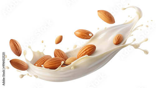 Movement of almond milk liquid with whole almond nuts, cut out and isolated on transparent background png photo
