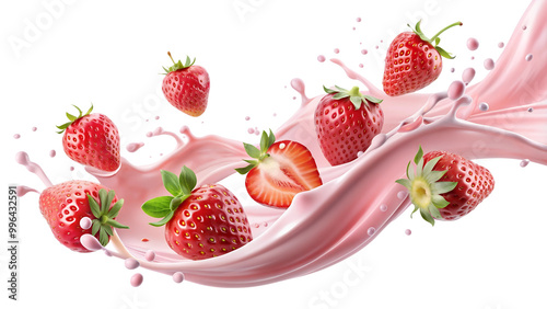 Strawberry milk liquid movement with whole strawberries, cut out and isolated on transparent background png photo