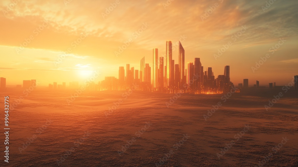 A futuristic city skyline at sunset over a barren landscape. A futuristic city skyline at sunset over a barren landscape.