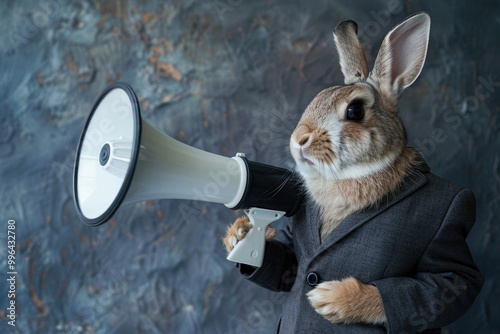 A rabbit dressed in a business suit holds a megaphone, perfect for promotional or humorous purposes