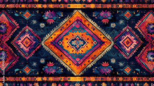 Vibrant rug with a bold geometric pattern.
