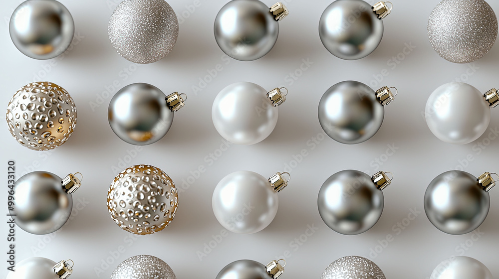 A stylish arrangement of silver and white Christmas ornaments in a geometric pattern, featuring matte, glossy, and glitter textures for a festive holiday decor.
