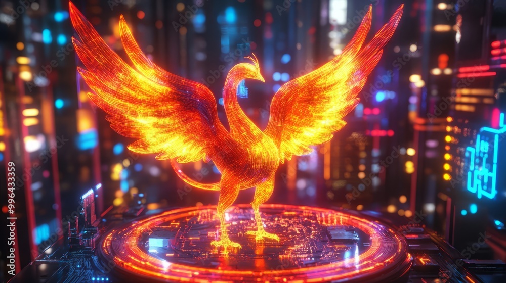 A glowing phoenix rises in a futuristic digital landscape. A glowing phoenix rises in a futuristic digital landscape.