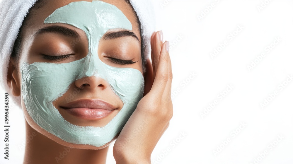 Facial therapist applying face mask to client skin, young woman enjoying spa, isolate on white background Facial therapist applying face mask to client skin, young woman enjoying spa, isolate on white background