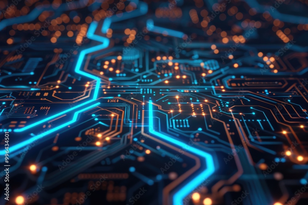 A detailed view of a computer circuit board with various components and wires A detailed view of a computer circuit board with various components and wires