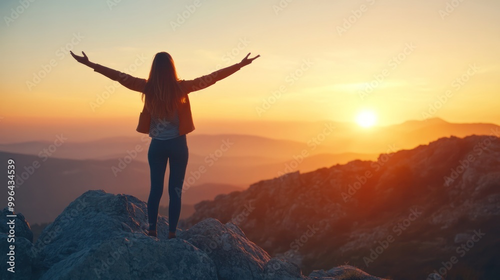 Female achiever on top of a mountain with arms spread open, celebrating success and self-development at sunrise, isolate on white background Female achiever on top of a mountain with arms spread open, celebrating success and self-development at sunrise, isolate on white background