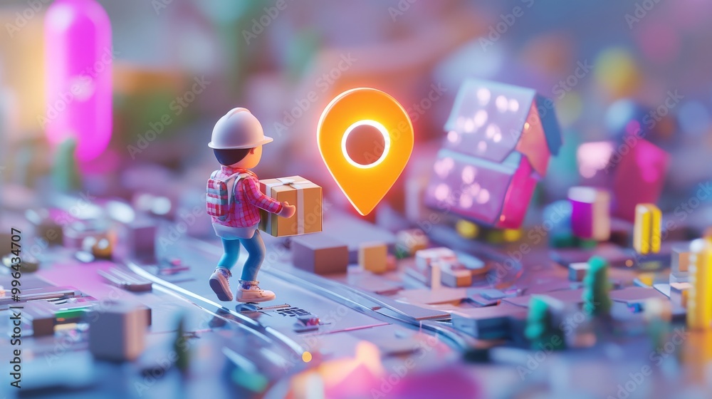 Navigating Deliveries - 3D Map with Glowing Location Pin and Delivery Man Crossing Pedestrian Bridge Navigating Deliveries - 3D Map with Glowing Location Pin and Delivery Man Crossing Pedestrian Bridge