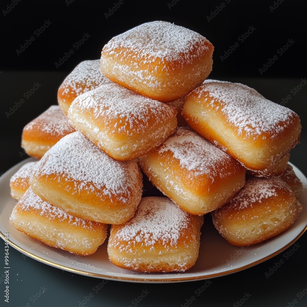 A tempting pile of powdered sugar-dusted donuts on a plate, perfect for a sweet treat. A tempting pile of powdered sugar-dusted donuts on a plate, perfect for a sweet treat.