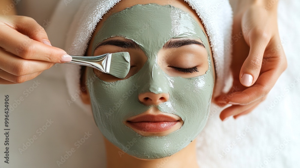 Female beautician applying hydrating face mask to a client's face, skincare session with woman in relaxation, isolate on white background