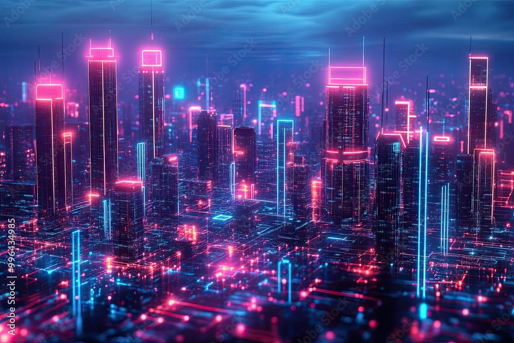 AI urban landscape, digital networks, futuristic technology, neon holograms