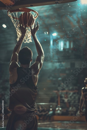 A basketball player jumps high to dunk the ball, with a focus on his dynamic movement