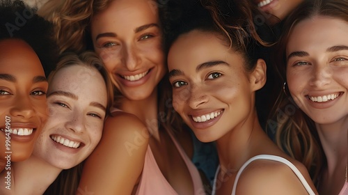 A joyful group of diverse women smiling together, showcasing friendship and positivity.