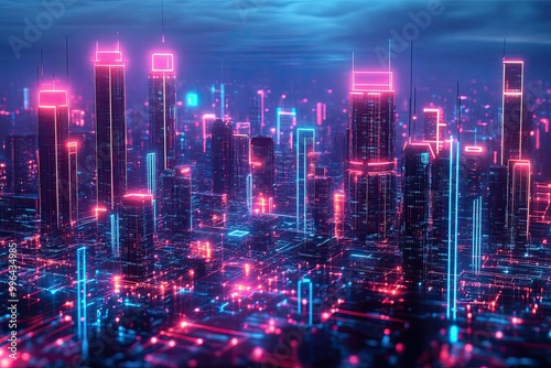 AI urban landscape, digital networks, futuristic technology, neon holograms