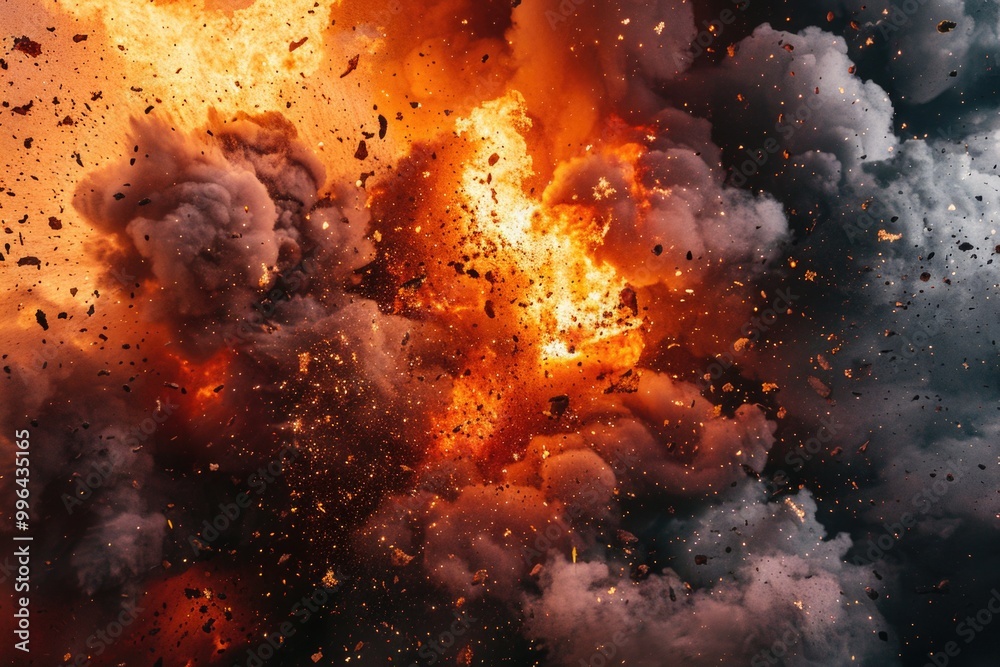 A massive explosion of black and orange smoke fills the air, with flames and sparks visible A massive explosion of black and orange smoke fills the air, with flames and sparks visible