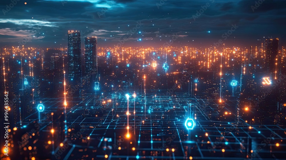 AI urban environment, digital networks, futuristic design, holographic society AI urban environment, digital networks, futuristic design, holographic society