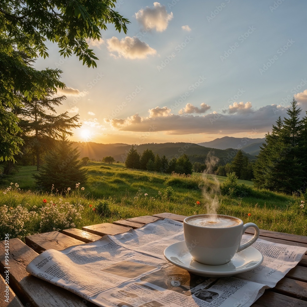 Beautiful morning scene with a steaming cup of coffee and newspaper in a serene landscape Beautiful morning scene with a steaming cup of coffee and newspaper in a serene landscape