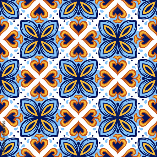 Portuguese ceramic tile pattern. Mediterranean traditional ornament. Italian or spanish majolica.