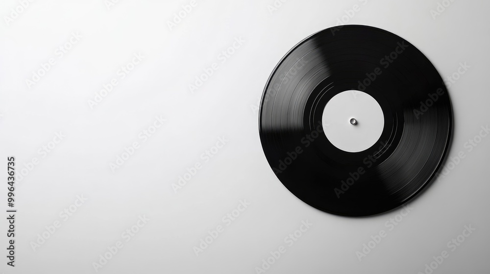 Obraz premium Black vinyl record placed on a minimalistic white background, perfect for album or music-related design templates.