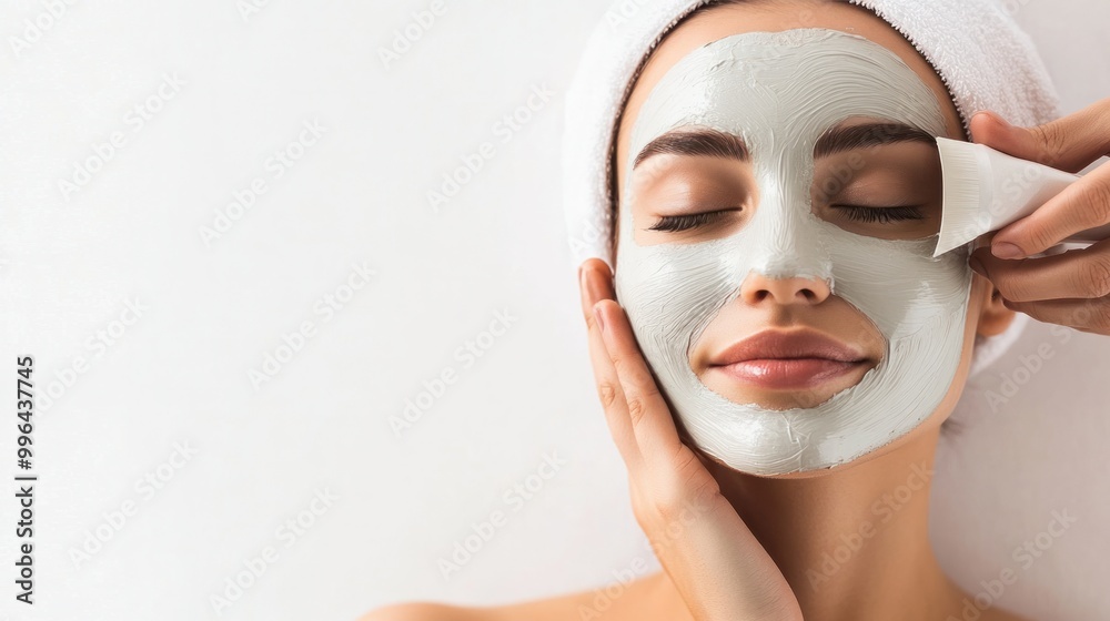 Professional beautician gently applying a face mask to a young woman's face during a skincare session, woman relaxing in spa, isolate on white background Professional beautician gently applying a face mask to a young woman's face during a skincare session, woman relaxing in spa, isolate on white background