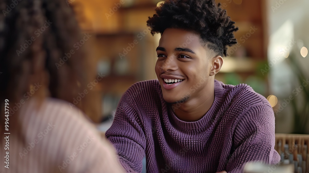 Fototapeta premium A handsome African American man in his late teens, wearing a purple sweater, is smiling and talking to an attractive woman while sitting at a table.
