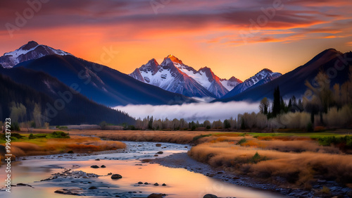 Tranquil Mountain Sunrise landscape with Glowing Peaks and Misty Valley