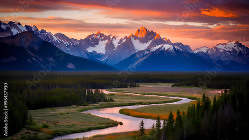 Serene Sunrise landscape Over Snowy Mountains with River Reflection
