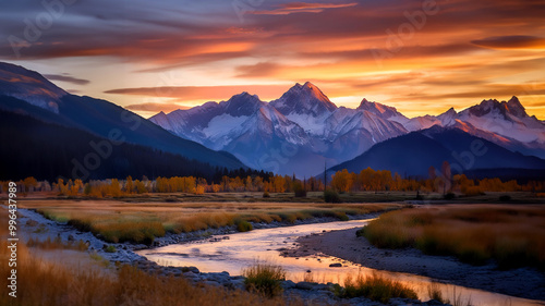 Golden Sunrise landscape Over Majestic Snow-Capped Mountains