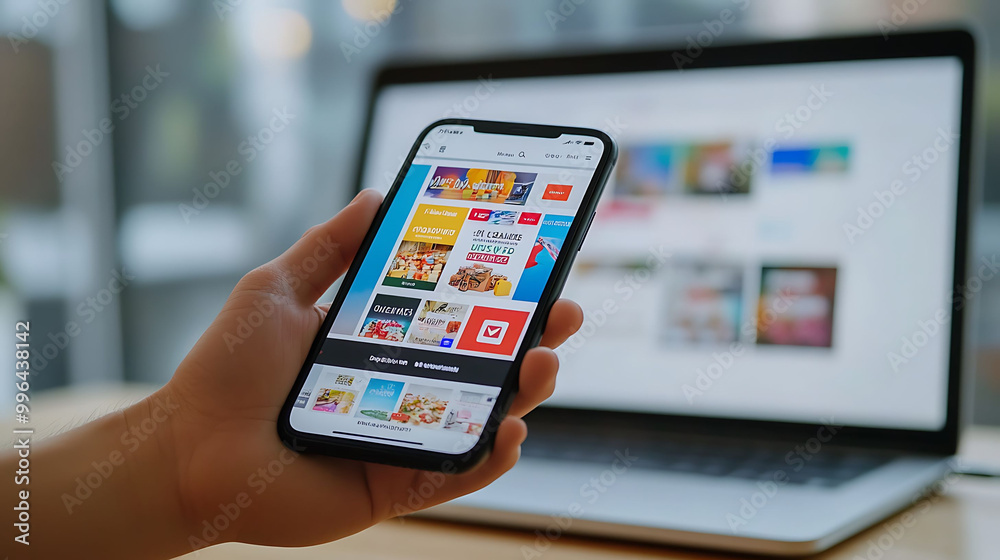 A person's hand holds a smartphone with a website open on the screen. A laptop computer is in the background. A person's hand holds a smartphone with a website open on the screen. A laptop computer is in the background.