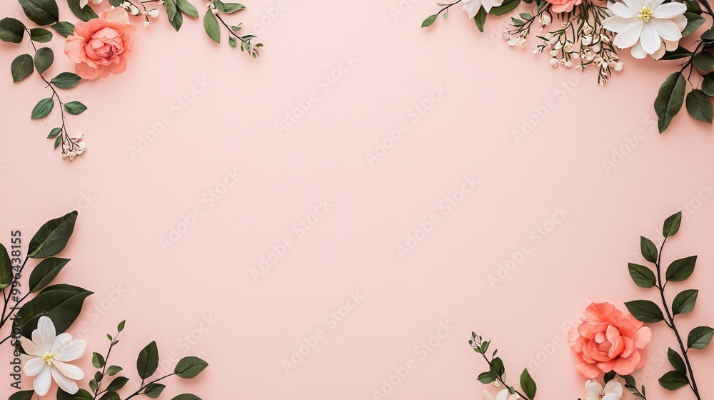 Colorful flowers and greenery arranged on a soft pink background. Colorful flowers and greenery arranged on a soft pink background.