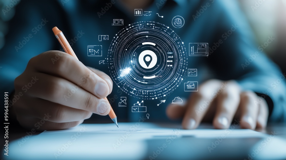 Close-up of hand writing, with digital hologram map icon interface, representing GPS location, navigation, and modern technology. Close-up of hand writing, with digital hologram map icon interface, representing GPS location, navigation, and modern technology.