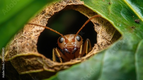 Macro shot of a weaver ant tending to its brood inside the nest, showcasing the intricate structure of the leaf home. photo